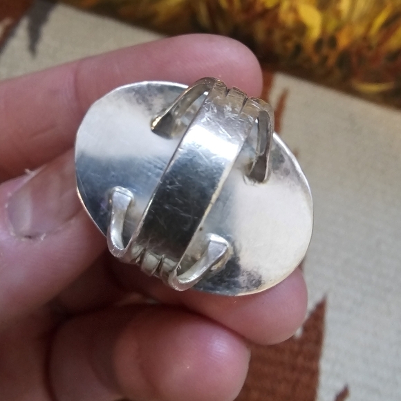 Vintage Sterling Silver Malachite Stone Statement Ring Oval Round - Picture 7 of 10